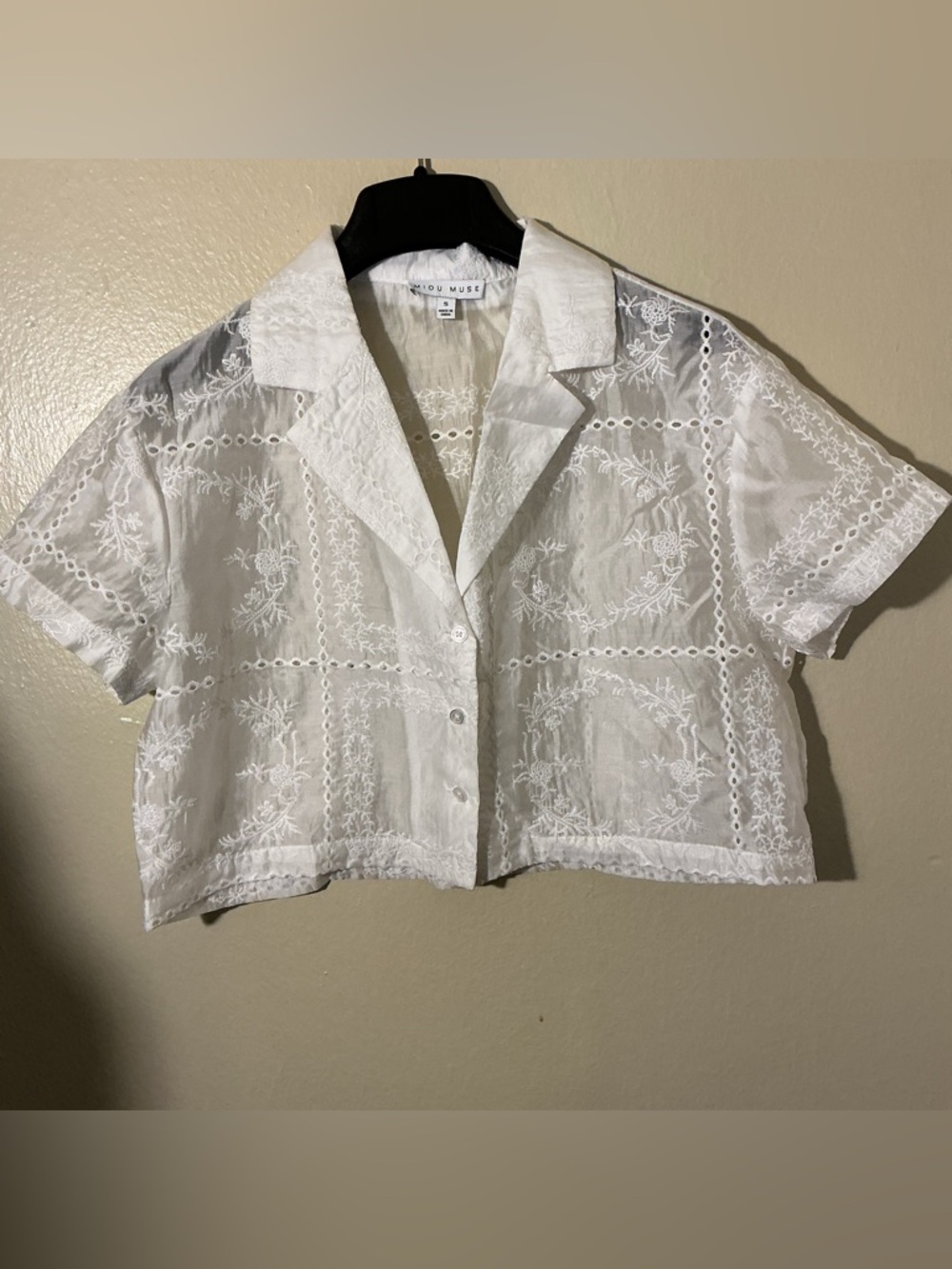 Miou Muse White Sheer Embroidered Crop Top Small